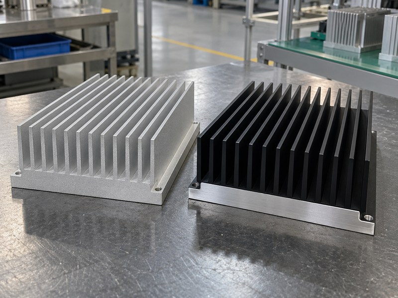 sandblasted aluminum heat sink bare blasted and black anodized finish comparison