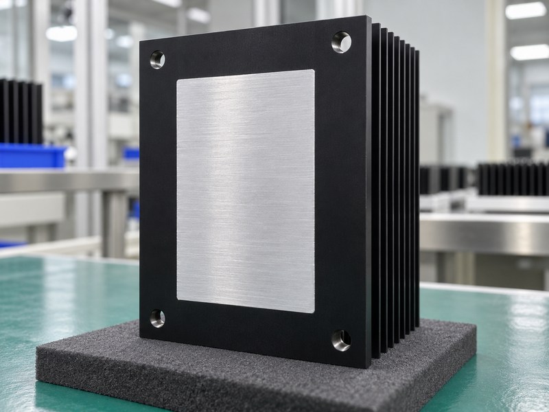 sandblasted aluminum heat sink machined contact land on an anodized heat sink base