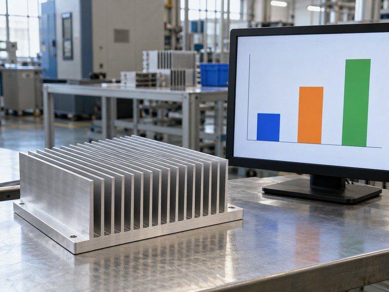 sandblasted aluminum heat sink qualitative thermal comparison chart beside a sample