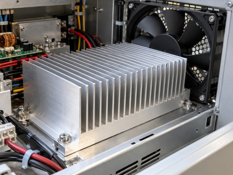 sandblasted aluminum heat sink fan aligned with open fin channels in an equipment chassis