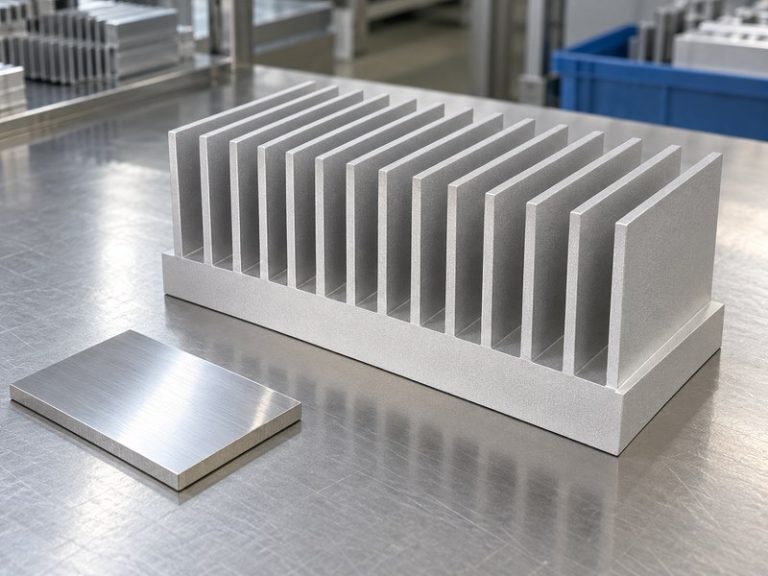 sandblasting aluminum heat sink matte surface and untreated comparison coupon