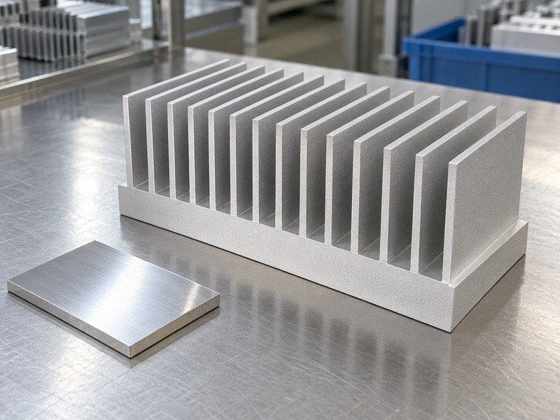 sandblasting aluminum heat sink matte surface and untreated comparison coupon
