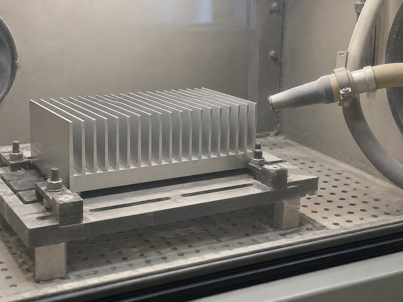 sandblasting aluminum heat sink supported heat sink inside an enclosed blast cabinet