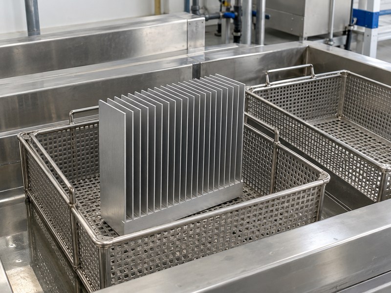 sandblasting aluminum heat sink heat sink positioned in a perforated cleaning basket