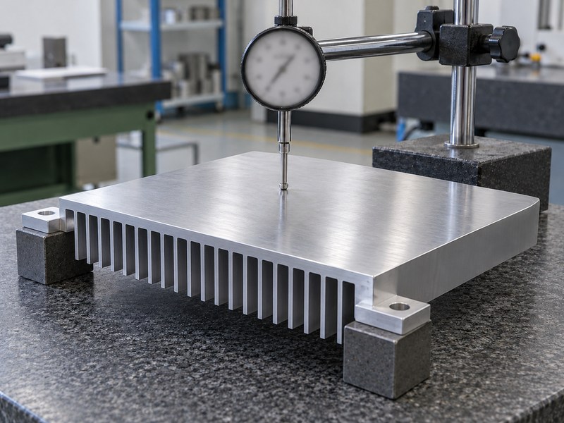 sandblasting aluminum heat sink dial indicator checking the base on a stable fixture