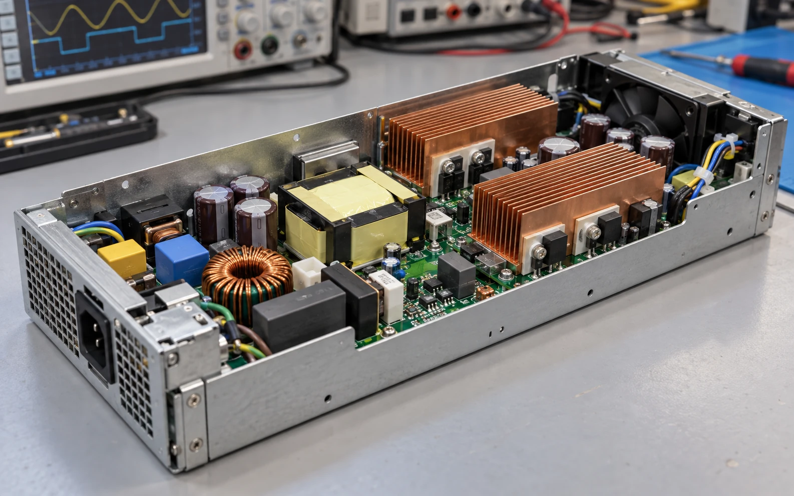 Server Power Supplies dense switching electronics with copper skived fins