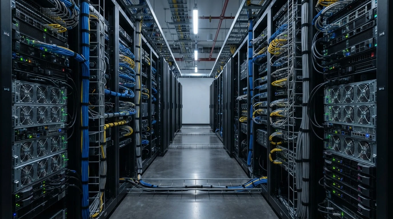 Data center rear server rack service aisle with cabling and metal chassis