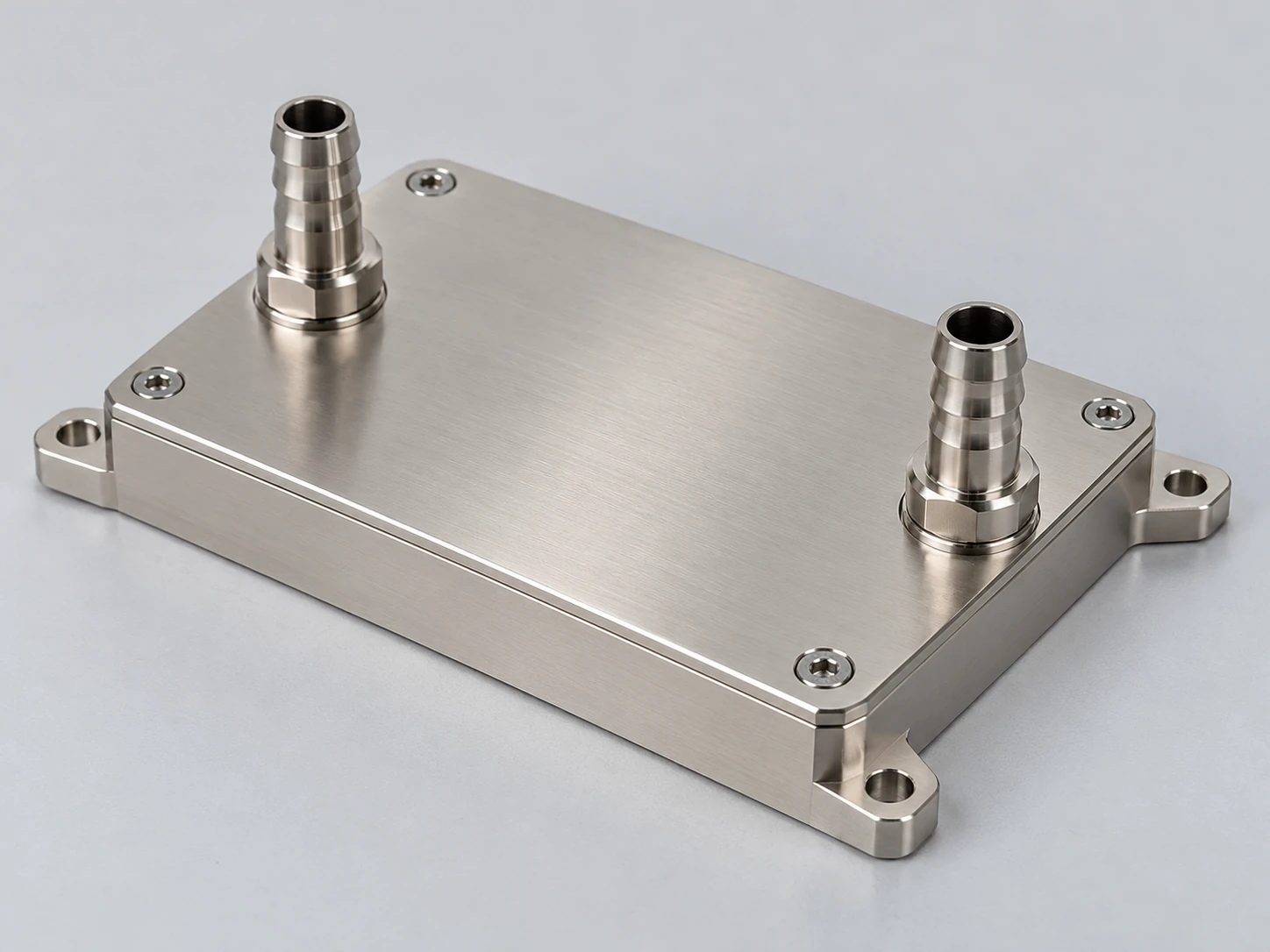 Precision metal liquid cold plate with two threaded inlet and outlet barbed ports