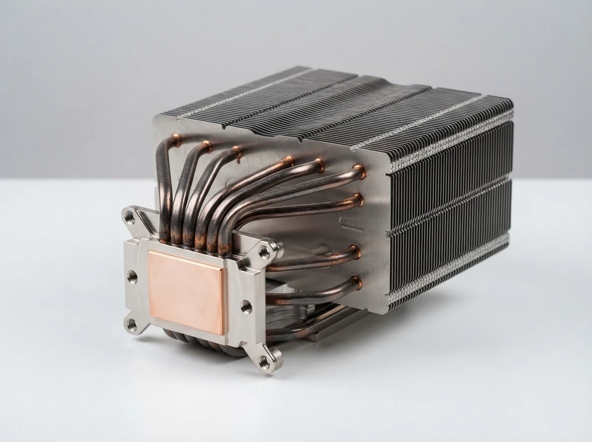 Server heat pipe and vapor chamber thermal assembly with copper contact block and dense fin stack