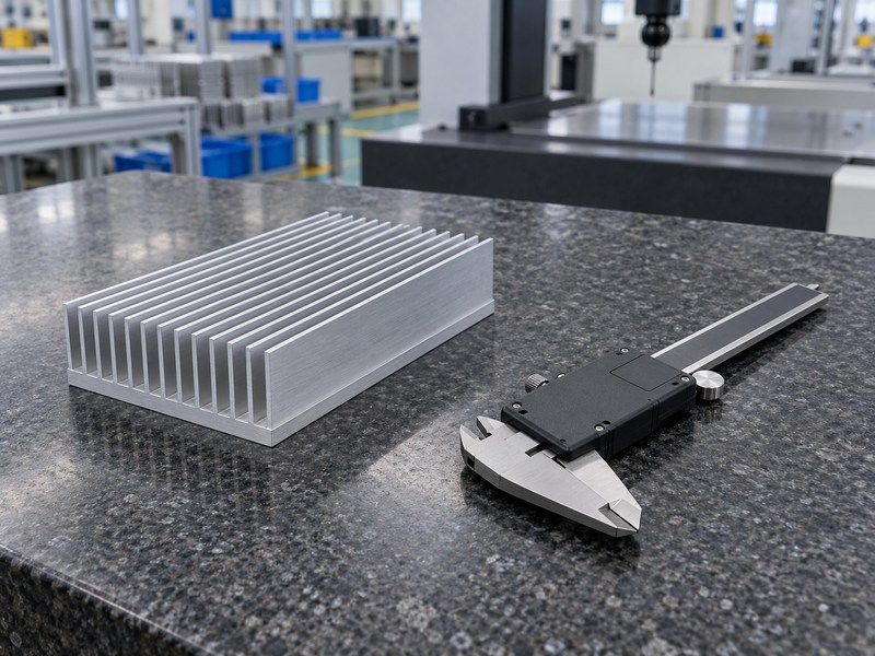 Server radiator aluminum heat sink manufacturer inspection preparation with a closed caliper