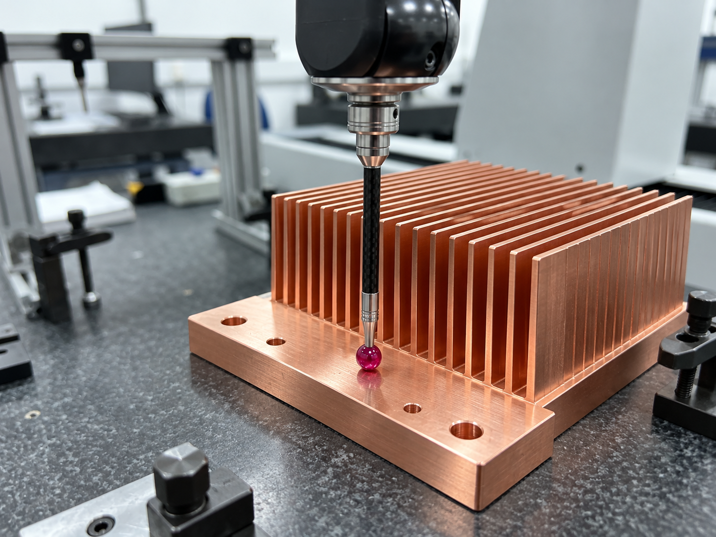 CMM contact probe measuring copper skived heat sink base mounting pad