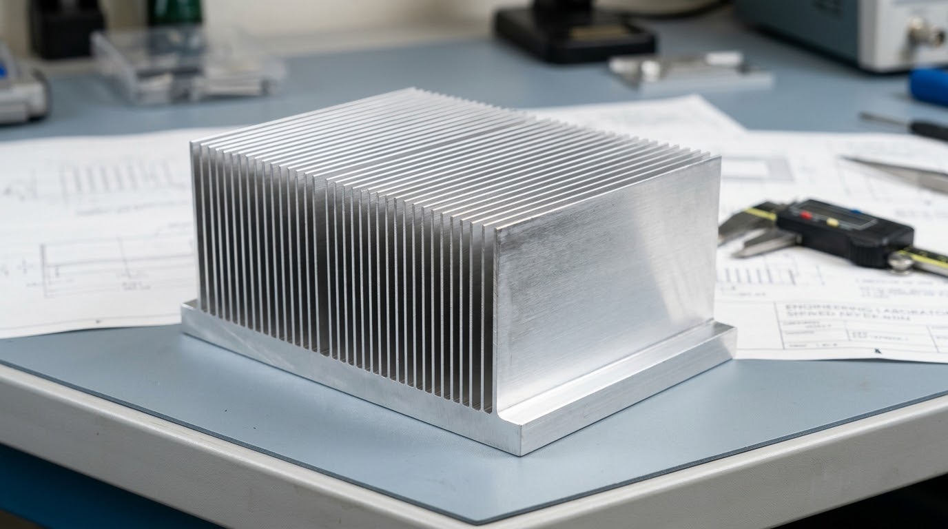 Aluminum skived fin heat sink on an engineering workbench