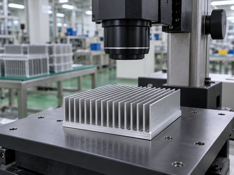 Shape accuracy radiator aluminum heat sink beneath a noncontact optical inspection head