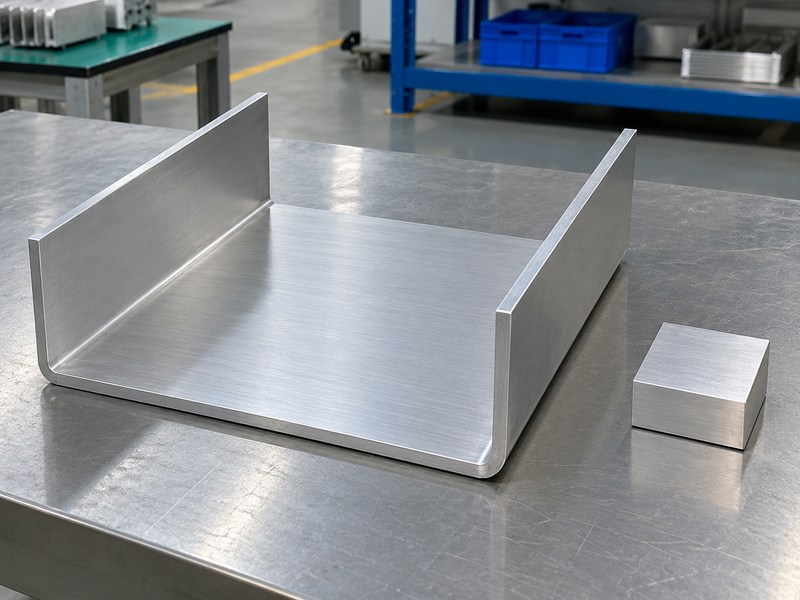 Sheet metal bending aluminum heat sink beside an unpowered heater-simulator block