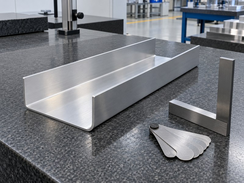 Sheet metal bending aluminum heat sink on a flat inspection surface beside gauges