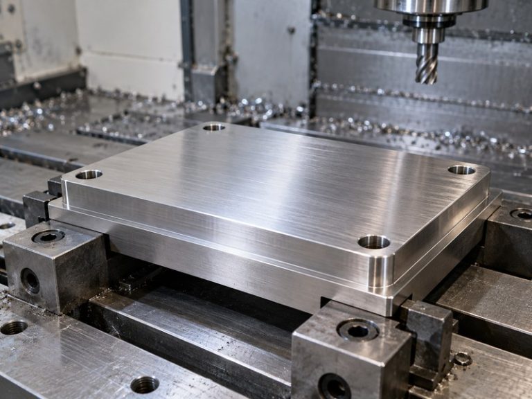 stainless steel cnc milling heat sink base with a flat contact area and corner mounting holes