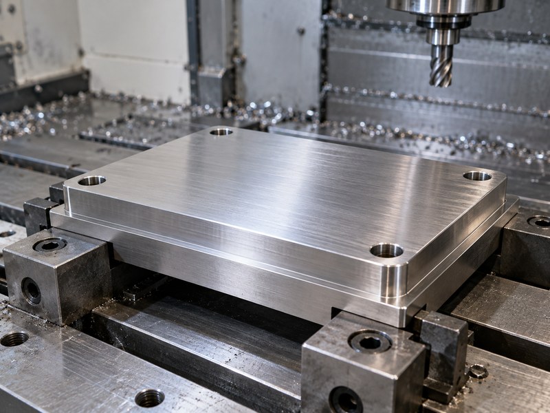stainless steel cnc milling heat sink base with a flat contact area and corner mounting holes