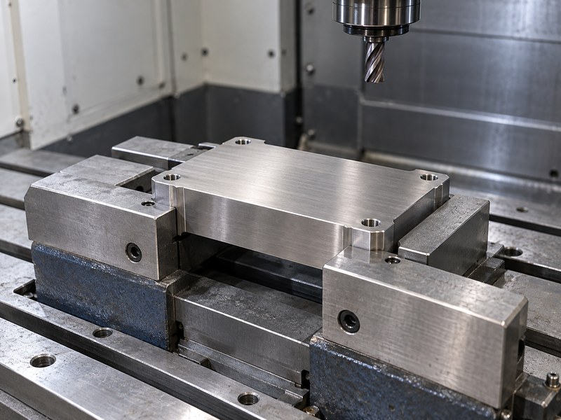 stainless steel cnc milling heat sink base workpiece securely retained in soft vise jaws