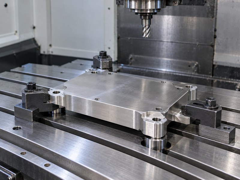 stainless steel cnc milling heat sink base supported and located in a stopped machining fixture