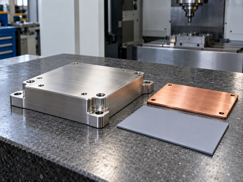 stainless steel cnc milling heat sink base beside a copper spreader and a separate thin thermal pad