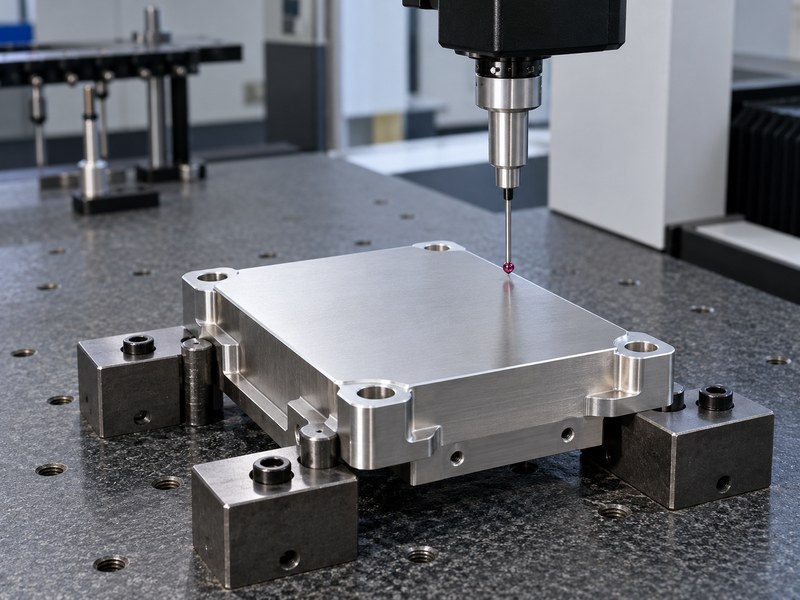 stainless steel cnc milling heat sink base beneath a coordinate-measuring probe