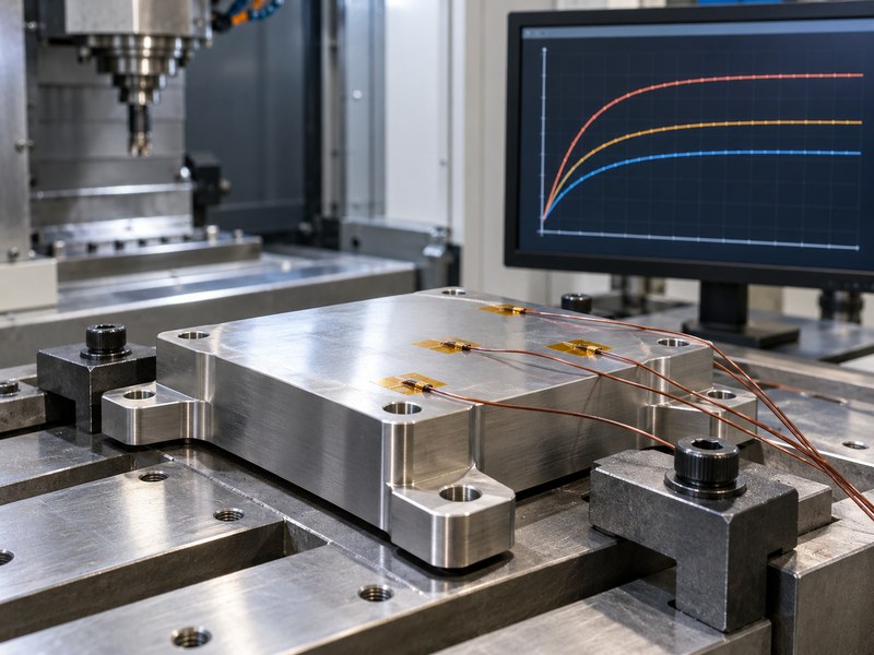 stainless steel cnc milling heat sink base test assembly with contact sensors and an illustrative trend