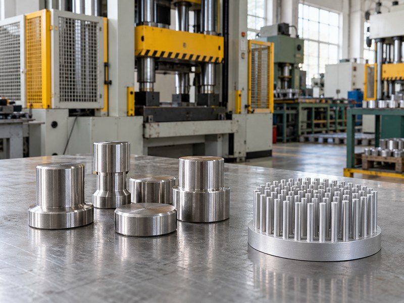 stainless steel cold forged heat sink feasibility samples with coarse stainless forms and a separate aluminum array