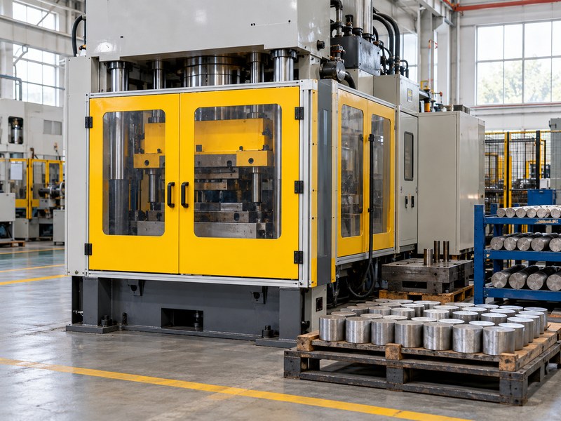 stainless steel cold forged heat sink review beside a stopped guarded forming press and material tray