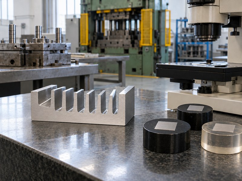 stainless steel cold forged heat sink qualification section and prepared metallographic specimens