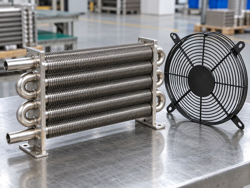 stainless steel finned heat sink core beside a separate fan guard