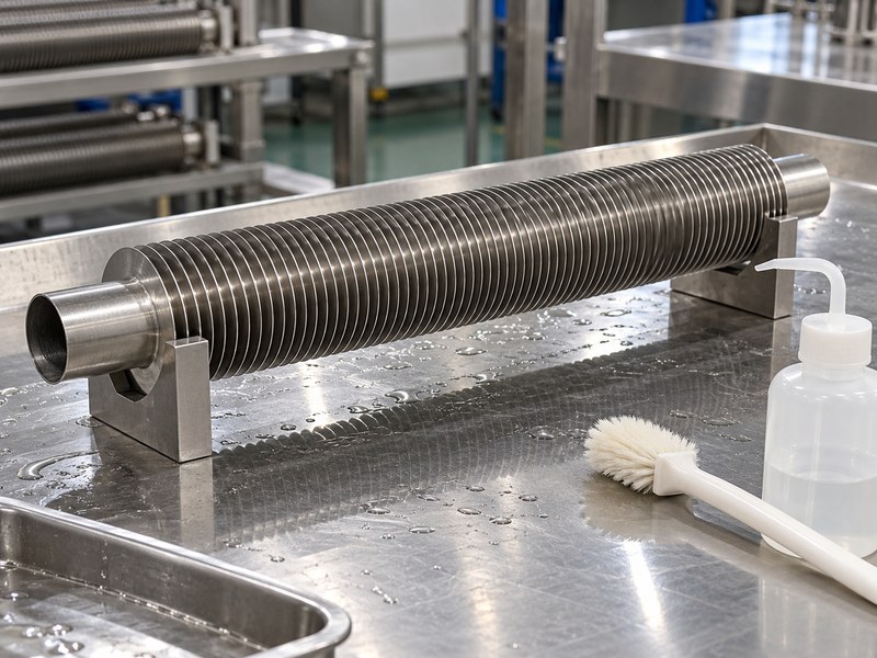 stainless steel finned heat sink cleaning inspection with a soft brush and closed cleaning bottle