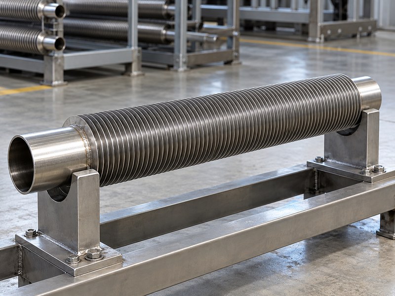 stainless steel finned heat sink supported at bare tube-end sections rather than its fins