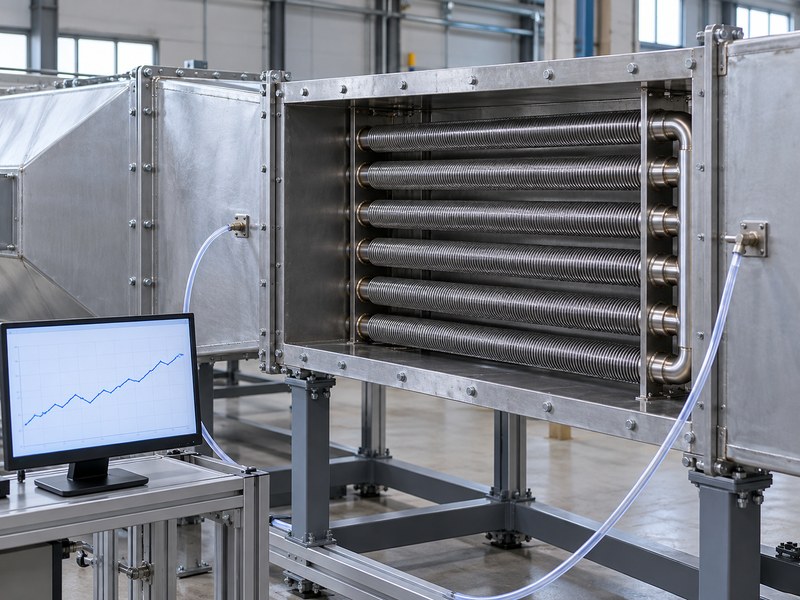 stainless steel finned heat sink air-side test duct with an illustrative pressure trend display