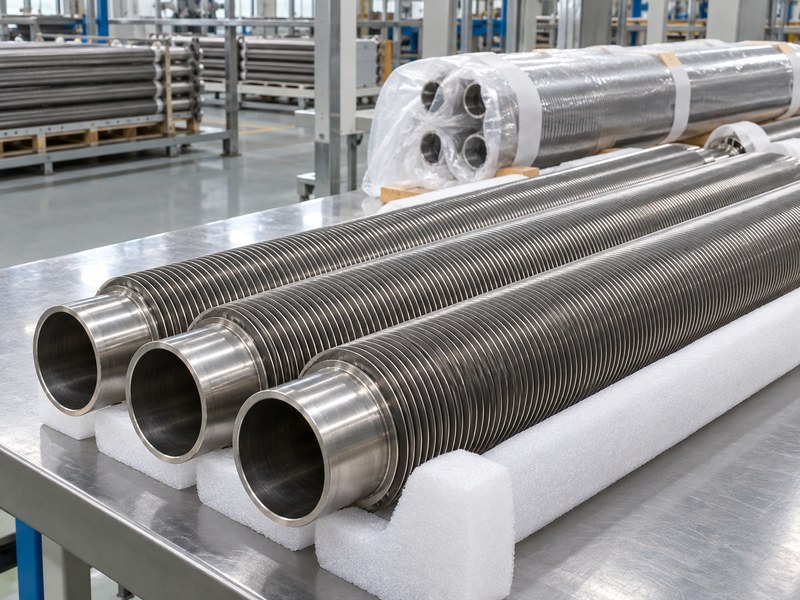 stainless steel finned heat sink tube ends fins and protective packaging at final inspection