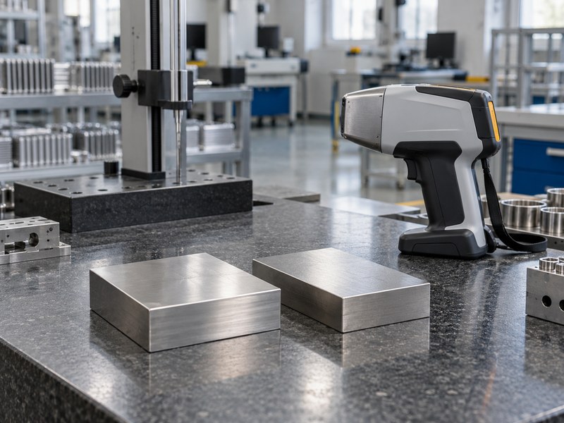 stainless steel heat sink alloy specimens beside a stationary material inspection instrument