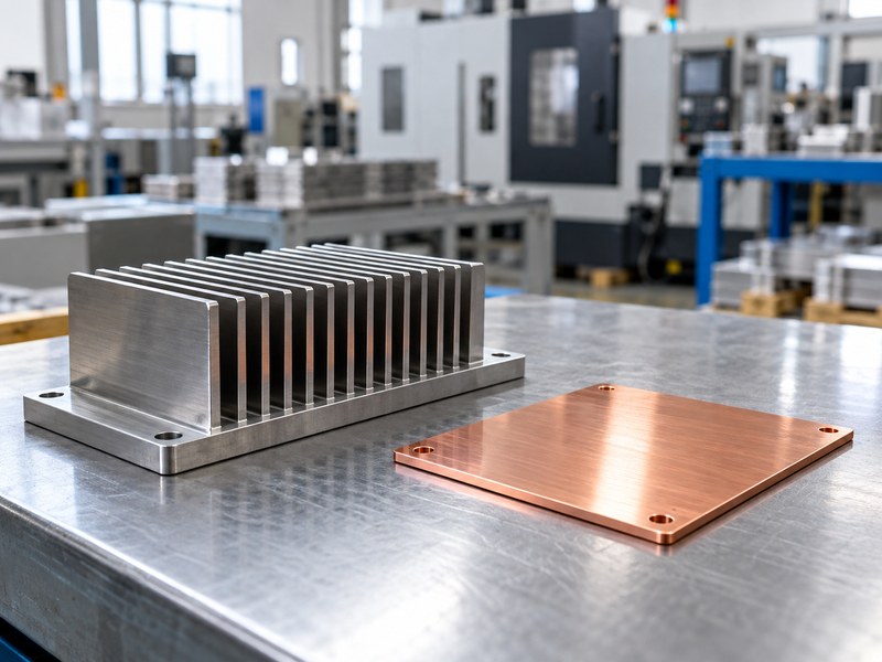 stainless steel heat sink base beside a separate copper heat spreader