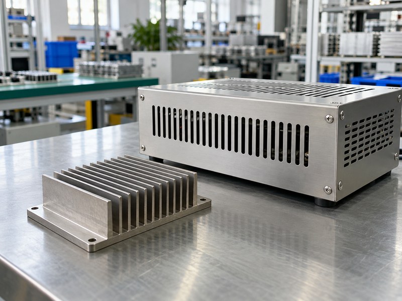 stainless steel heat sink beside a ventilated industrial electronics enclosure