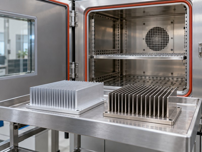 stainless steel heat sink and an aluminum sample beside an environmental test chamber