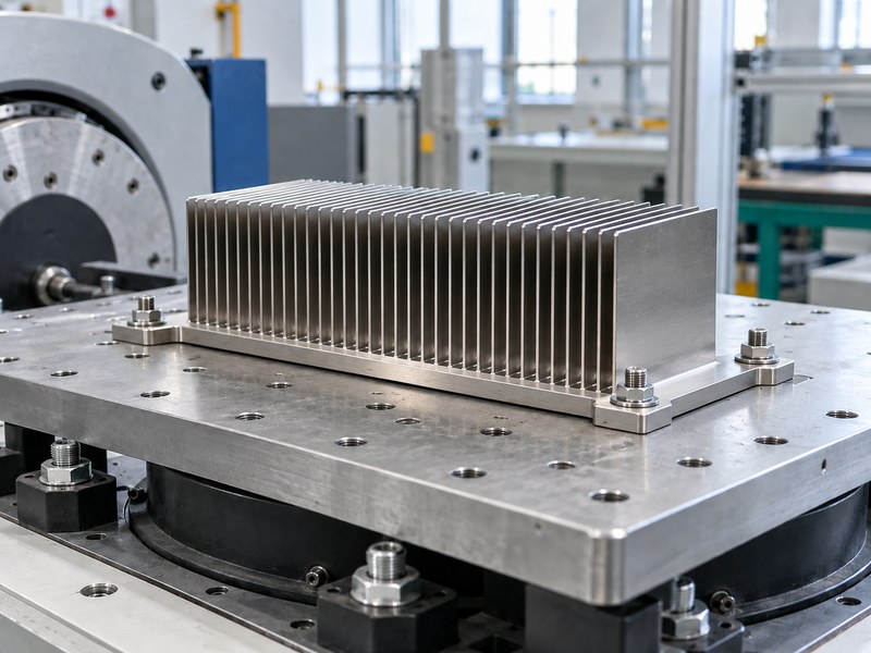 stainless steel heat sink secured by its mounting ears on a vibration fixture