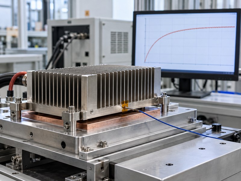 stainless steel heat sink with contact sensors and a temperature stabilization graph