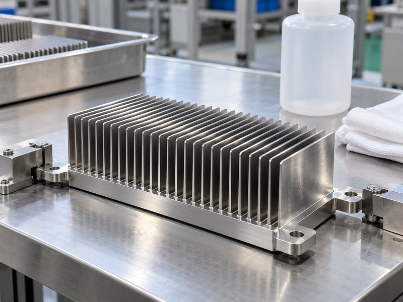 stainless steel natural finish heat sink cleaning station with a lint-free wipe and closed bottle