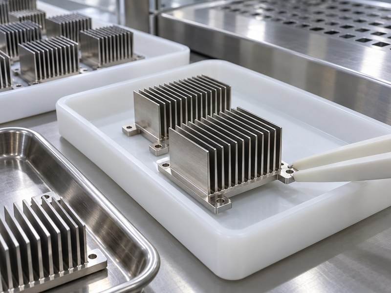 stainless steel natural finish heat sink handled with separate nonmetallic tools and clean supports