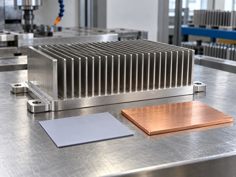stainless steel natural finish heat sink with separate copper spreader and thin thermal interface pad