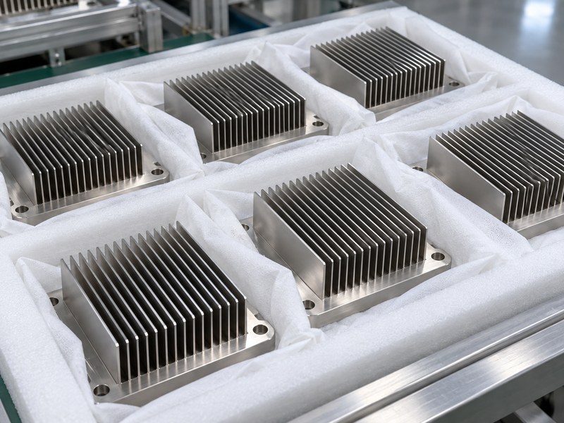 stainless steel natural finish heat sink protected with clean nonwoven wrapping in a foam tray