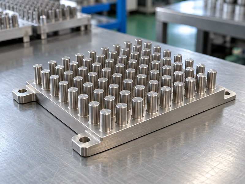 stainless steel pin fin heat sink with short integral cylindrical pins and a complete base