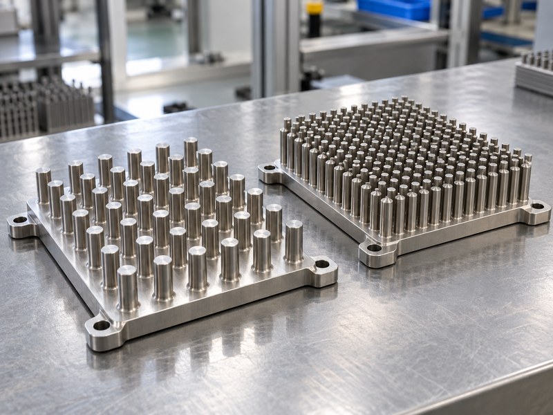 stainless steel pin fin heat sink arrays with open and closer pin spacing