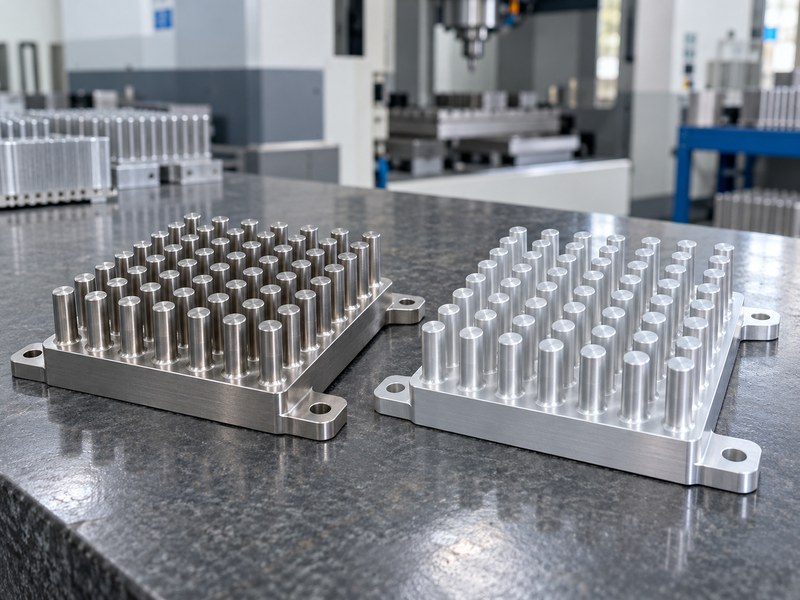 stainless steel pin fin heat sink beside a separate aluminum pin-fin sample