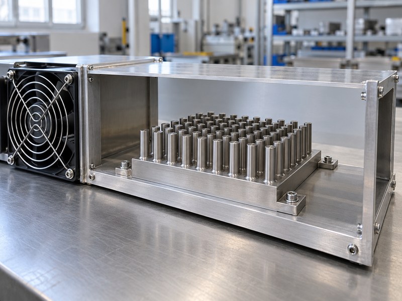 stainless steel pin fin heat sink in an open test duct with clear air passages