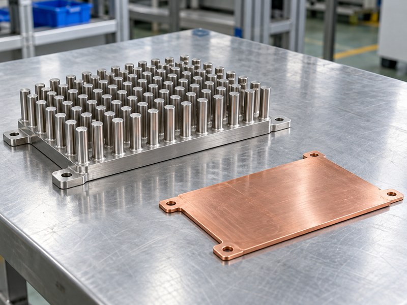stainless steel pin fin heat sink sample beside a separate conductive spreader plate