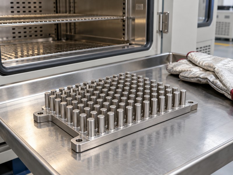 stainless steel pin fin heat sink beside a temperature and environment test chamber